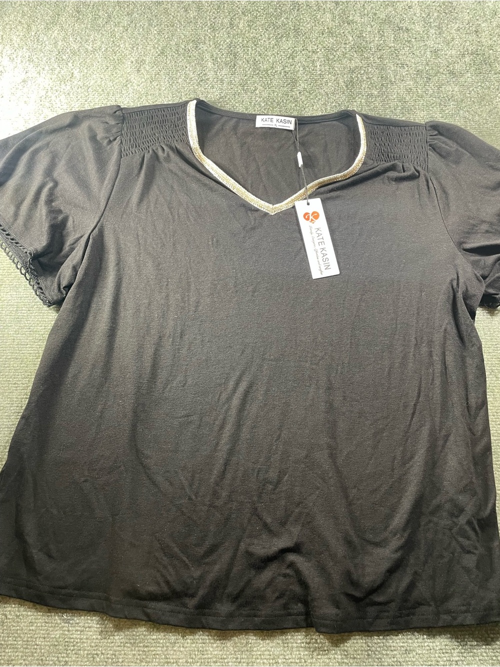 Kate Kasin‎ Black Short-Sleeve V-Neck Top with Gold Trim